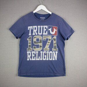 True Religion Thrashed Logo Tee Mens Small Blue